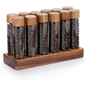 JUXYES Set of 12 Single Dose Coffee Bean Storage Tubes with Wooden Stand and Lids, Dosing Glass Vials for Coffee Storage, Coffee Bean Container Cellars, Espresso Bean Canisters Set, 2 fl oz