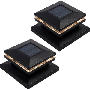 MAGGIFT 15 Lumen Solar Post Lights, Outdoor Post Cap Light for Fence Deck or Patio, Solar Powered Caps, Warm White LED Lighting, Lamp Fits 4x4 or 6x6 Wooden Posts (2 Pack, Black)