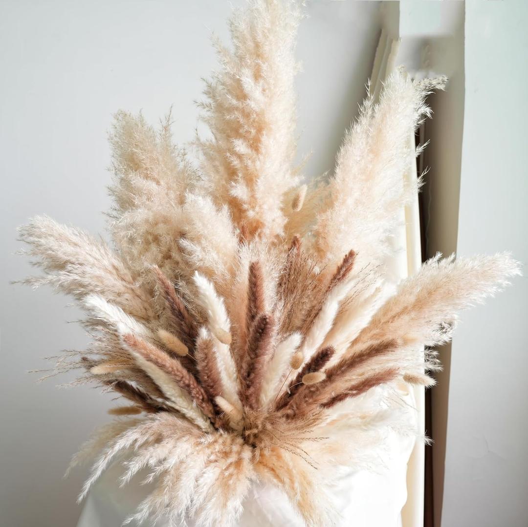 Decorative Tall Pampas Grass for Floor Vase Premium Large Pampas Grass Decor Tall, 17"-40" Pampas Grass Stems, Dried Pampas Grass Decor Tall, Natural Pampas Grass with Beige Decor and Boho Feathers