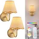 ADISUN Battery Operated Wall Sconce Set of 2, Gold Wall Lamps Rechargeable Bulbs for Living Room, Rattan Shade Wireless Wall Lights for Bedroom Living Room Hallway Kitchen(2 Bulbs Included)