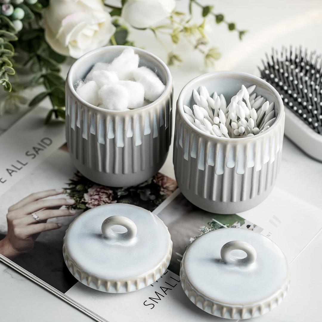 Qtip Holder Dispenser Bathroom Canisters Jar with Lid - 14 oz Ceramic Apothecary Canister for Cotton Ball Swabs Round Pads Floss Bath Salts Candy Vanity Makeup Organizer Storage (Gray - 1 pack)