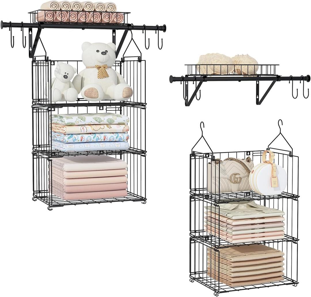 bukfen 3 Tier Hanging/Wall Closet Organizer with 4 Hooks,Stackable Closet Organizers and Storage Shelves,Foldable Wire Clothes Shelf,Hanging Laundry Basket Organizer1 Pack