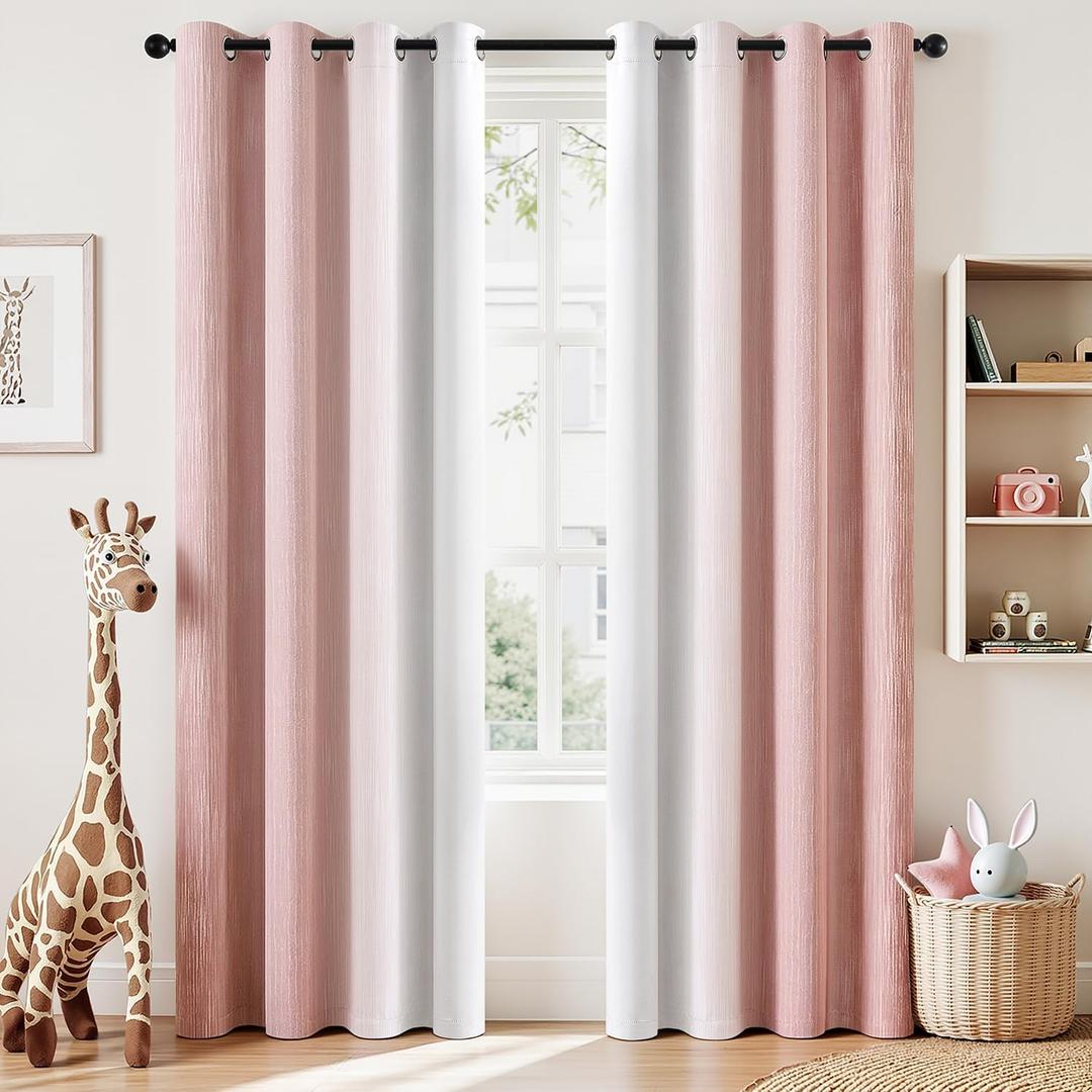 MIULEE Ombre 100% Blackout Curtains, Pink and Greyish White Full Room Darkening Thermal Insulated 84 Inches Long Drapes for Kids Bedroom/Living Room Grommet Window Treatments Modern 52Wx84L, Set of 2