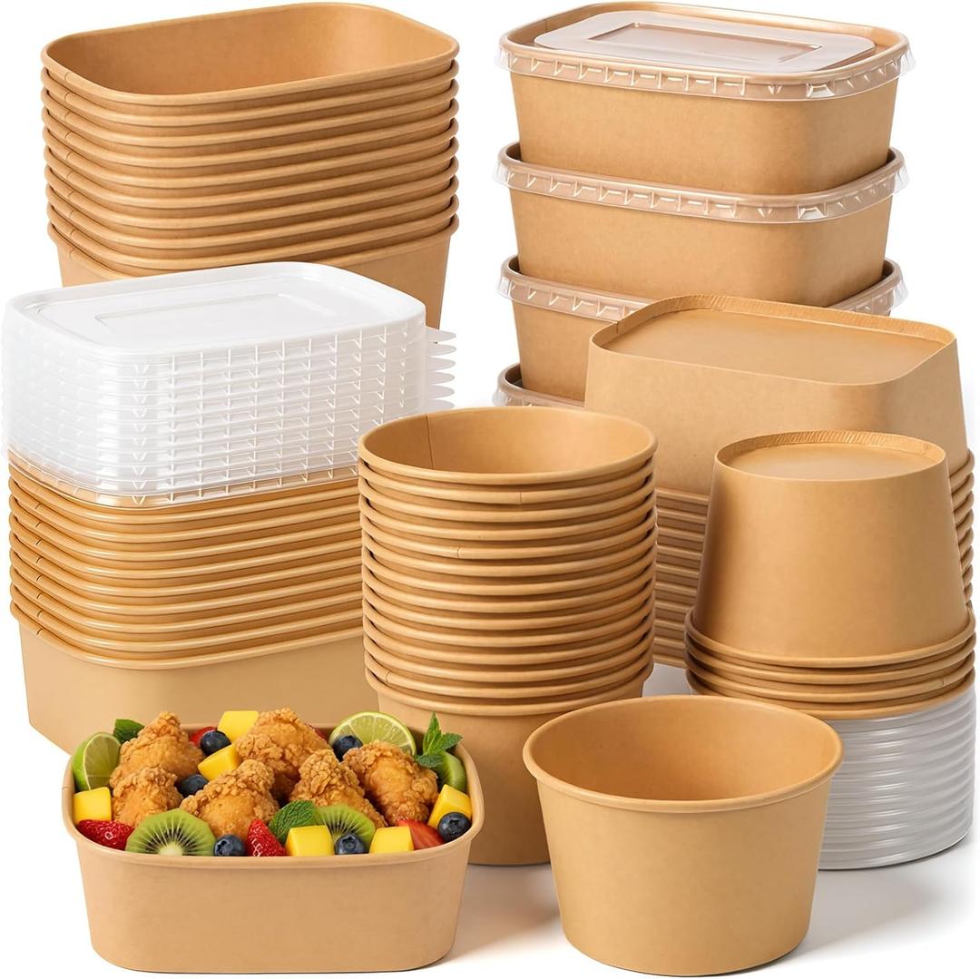 50 Pcs 30oz Round and 28oz Square Disposable Kraft Paper Bowls with Lids, Meal Prep Containers Disposable Large Food Soup Christmas Take out Serving Bowls, Microwave Safe for Hot/cold Food