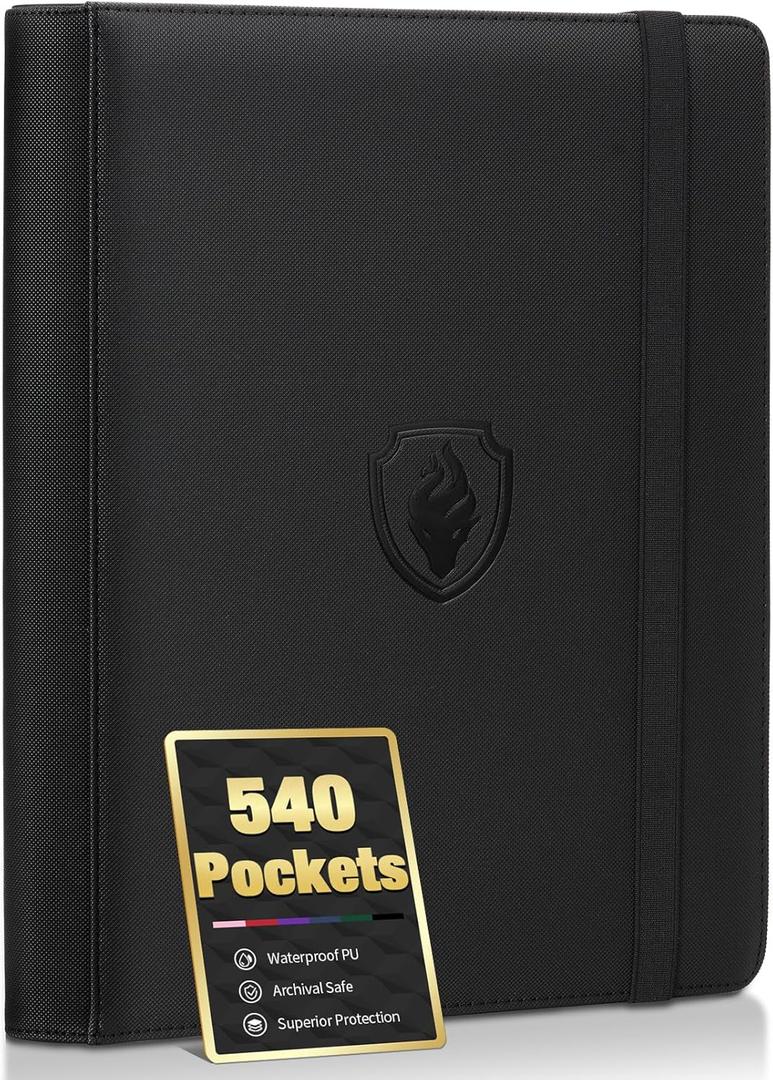 Premium 9 Pocket Card Binder for 540 Cards, Fabmaker PU Cover Trading Card Binder, Sturdy Card Collection Album, Sleek Card Holder Folders for YuGiOh, MTG, TCG, Game Cards & Sports Cards, Black