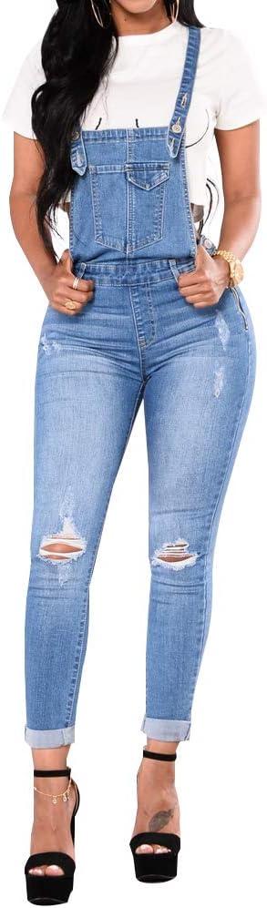 LONGBIDA Skinny Ripped Jeans Denim Jumpsuit Overalls For Women (Large, Light Blue)
