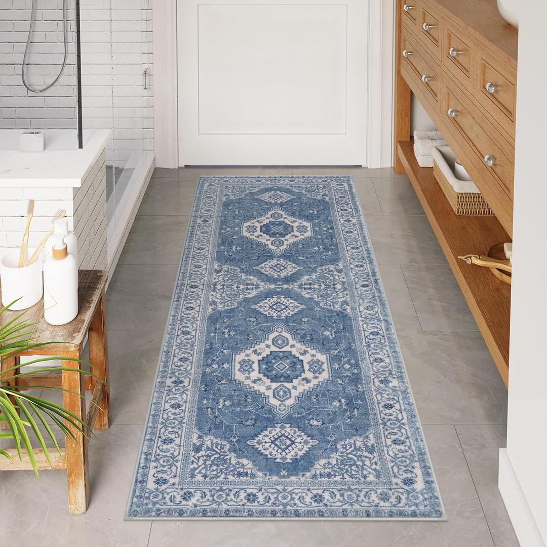 Seavish Large Blue Boho Bathroom Rugs, 24x60 Inch Vintage Farmhouse Absorbent Bath Mat, Washable Non Slip Bathroom Runner for Vanity Sink Tub Laundry, Oriental Distressed Plush Microfiber Bath Rugs