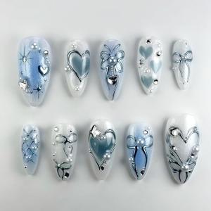 Medium Press on Nails Almond Shaped Fake Nails with Designs 3D Rhinestone Gel Glue on Nails Bow False Nails Pearl Acrylic Nails Sliver Lines Artificial Nails Glossy Stick on Nails for Women