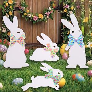 4PCS Easter Bunny Yard Decorations,Waterproof PVC Bunny Signs with Metal Stakes & Colorful Egg Bows for Outdoor Spring Garden and Lawn Decor