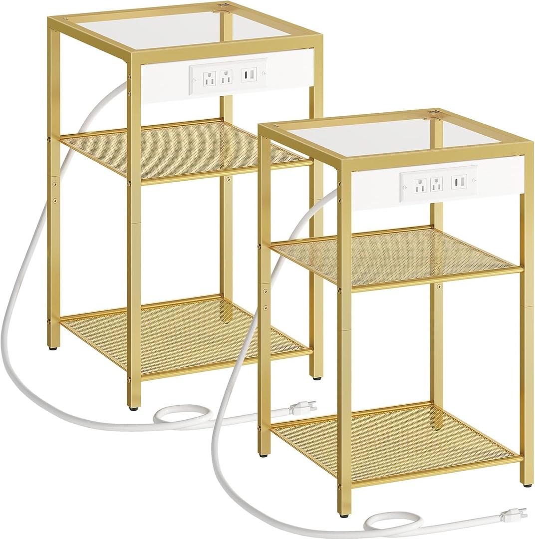 HOOBRO End Tables Set of 2 with Charging Station, Side Tables with USB Ports & Power Outlets, 3-Tier Slim Nightstands with Storage Shelves, Tempered Glass, for Living Room, Bedroom, Gold GD77UBZP201, 13.4"L x 11.8"W x 22.8"H