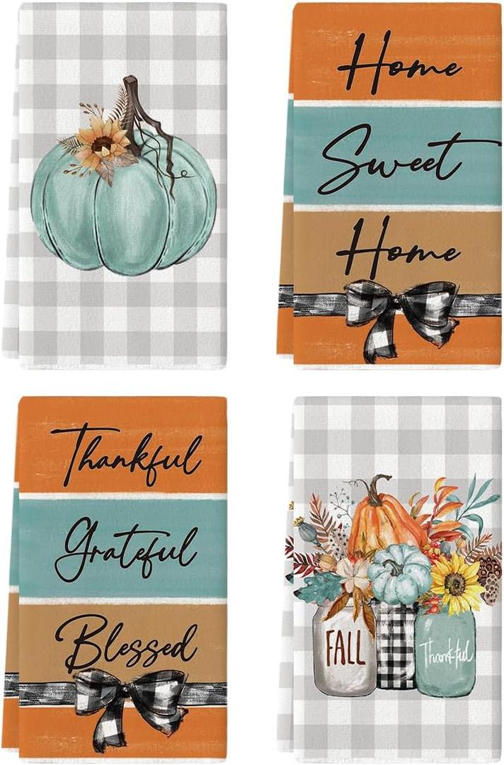Artoid Mode Green Pumpkin Vase Bowknot Flowers Fall Kitchen Towels Dish Towels, 18x26 Inch Seasonal Decoration Hand Towels Set of 4 (Blue)