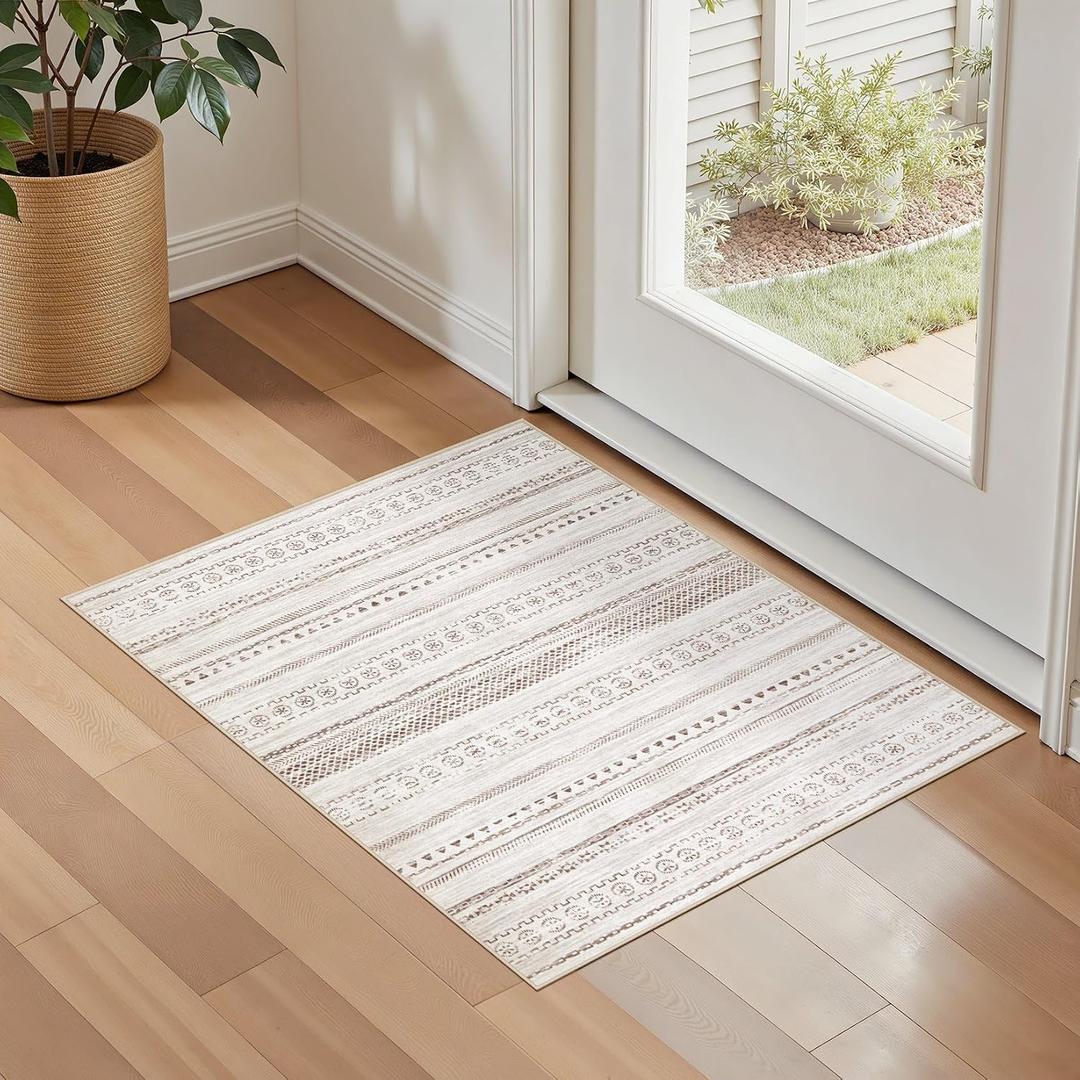 kakania 2x3 Washable Entryway Rug: Non Slip Soft Thin Small Rug, Boho Geometric Modern Decor, Easy Clean Indoor Floor Door Mat for Kitchen Bedroom Kids Dorm - Brown