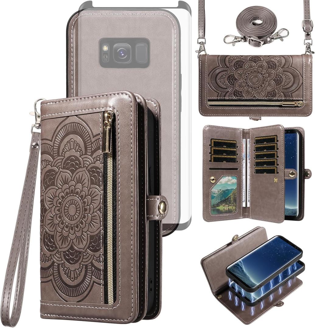 Asuwish Phone Case for Samsung Galaxy S8 Zipper Wallet Magnetic Detachable Cell Cover with Tempered Glass Screen Protector Crossbody Strap Mandala Flower Card Holder S 8 8S Edge SM-G950U Women Gray