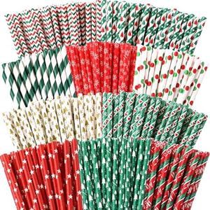 Jutom 200Pieces Christmas Paper Straws 10 Patterns Disposable Mixed Stripe Paper Straws for Beverage Birthday Christmas Party Favors