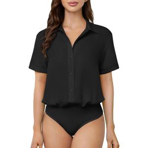 TQD Women Button Down Bodysuit Long Sleeve Collared Shirt Satin Blouse Bodysuits Tops Business Casual Office Professional (Small, Short Sleeve-black)