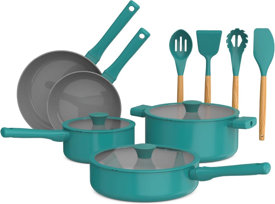 So Yummy by bella 12 Piece Cookware Set w EverGood Ceramic Nonstick Coating and Silicone & Wood Utensils, Dishwasher Safe Silicone & Glass Lids, Oven Safe & All Stovetop Compatible, Moonstruck