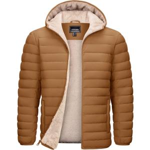 TACVASEN Men's Puffer Jacket Hooded Sherpa Lined Water Resistant Windproof Insulated Jacket Warm Winter Puffy Coat (Large, Light Brown)