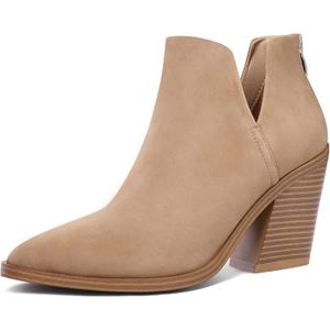 mysoft Women's Ankle Boots Slip on Cutout Pointed Toe Chunky Stacked Mid Heel Booties (8, Light Brown)