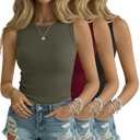 Sweetyweee 3 Pack Women's Ribbed Tank Tops High Neck Sleeveless Knit Tees 95% Cotton Slim Fitted Basic Cami Undershirts(Large,Black, Burgundy, Pea Green)