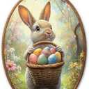 GMCDFHRQ Vintage Easter Bunny Oval Wall Decor, 8.3" x 11.6" Traditional Rabbit Holding Woven Basket of Easter Eggs Wall Art, Framed Print (006)