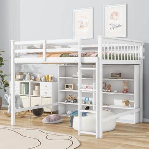 Full Size Loft Bed with 8 Open Storage Shelves and Built-in Ladder,Bedroom Solid Wood Bed Frame w/Full-Length Guardrails & Easy to Assemble, For Kid Adult Boy Girl Teen, White