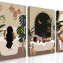 Black Girl Bathroom Wall Art Set of 3, Fashion Boho Black Woman Canvas Wall Decor Paintings, Abstract African American Women Posters Prints Pictures for Bathroom Restroom Decor 16x24 Inch Framed