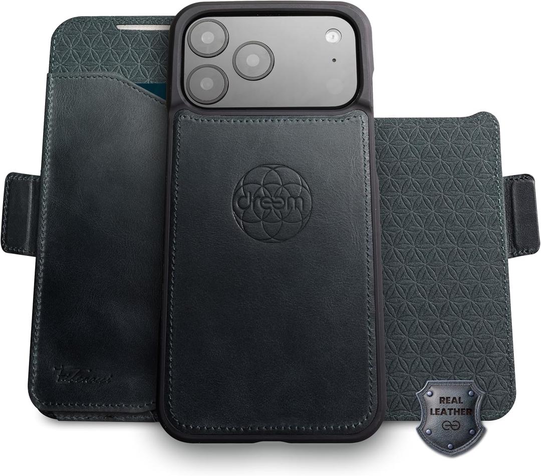 Dreem Real Leather for iPhone 17 Pro Case Wallet, Revolutionary Phone Stand, MagSafe-Fit, Magnetic Detachable Flip Cover, RFID Blocking Card Holder, Gift-Box [Fibonacci:Graphite Blue]