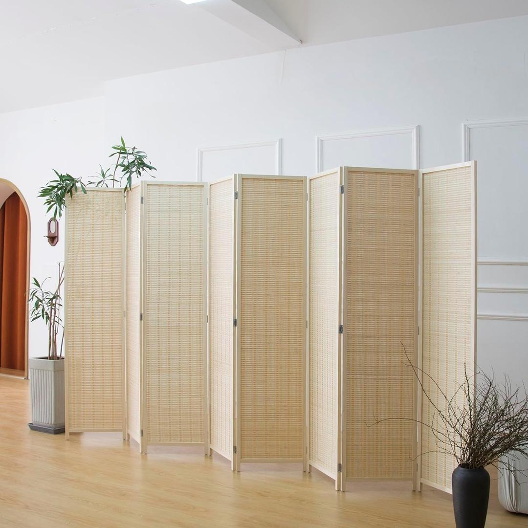 Furnnylane 8 Panel Bamboo Room Divider - 5.6 ft Tall Folding Privacy Screen, Natural Beige Freestanding Partition Wall (67" x 122.8", 8-Panel)