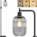 【Upgraded】 Dimmable Glass Floor Lamp for Living Room, Modern Black Standing Lamp with Green Ribbed Gray Lampshade & Knob Dimmer, Arc Tall Lamp for Bedroom Office Reading Room, 2700K Led Bulb Included