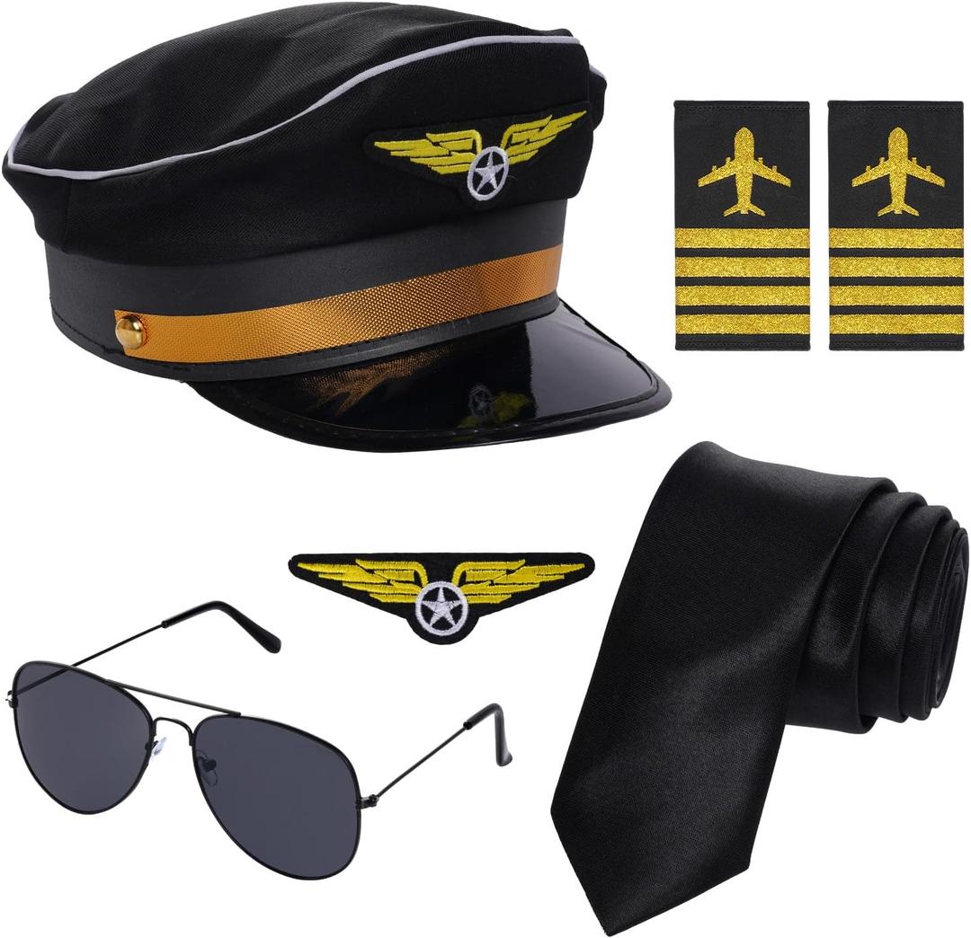 Airline Pilot Costume for Men Pilot Hat Epaulettes Sunglasses and Wing Patche Halloween Party Cosplay Supplies