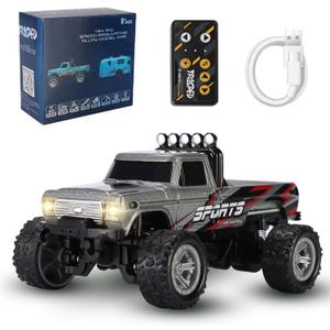 Mini RC Truck,1:64 Scale Monster Truck Remote Control Car with Lights, 2.4Ghz Remote Control RC Car and Trailer, Speed and Steering Adjustable (Gray)