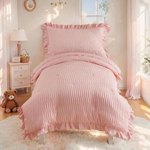Cozyholy 4 Piece Textured Seersucker Toddler Bedding Set Girls Crib Sheets Set Pink Ruffle Baby Bed Comforter Set Lightweight Bed in a Bag | Include Comforter, Flat Sheet, Fitted Sheet, Pillowcase