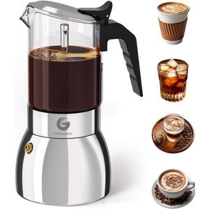 Coffee Gator 9 Cup Moka Pot, 15oz Stovetop Espresso Maker for Italian Coffee, Transparent Glass & Stainless Steel Design, Silver, 450ml