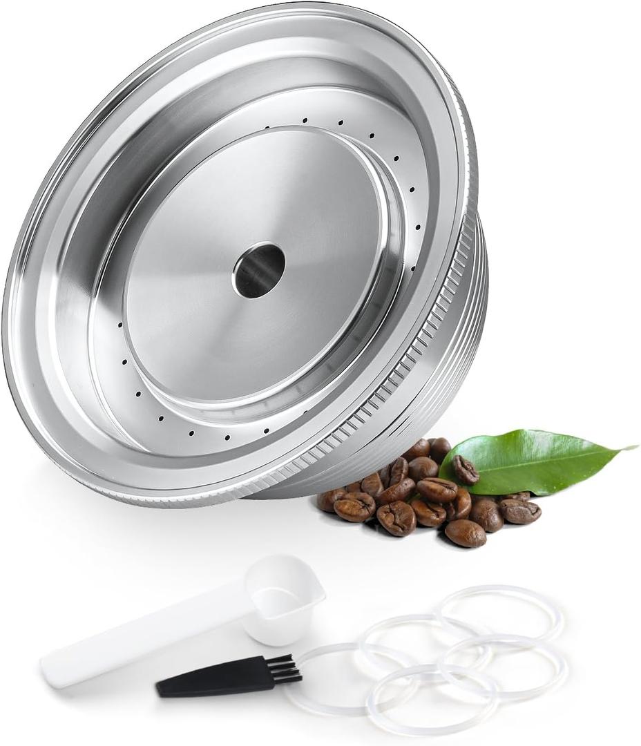 Stainless Steel Reusable Coffee Pod Compatible with Nespresso Vertuo Vertuoline Machines,230ml (8oz) Mug Size Refillable Capsule Kit with Spoon,Brush & 5 Silicone Rings, Eco-Friendly
