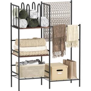 aboxoo Free Standing Towel Rack, 3 Tier Blanket Rack with M-Shaped Dividers,2 Tier Drying and Display Rack, Towel Holder for Bathroom,Blanket Storage for Living Room, Rustic Brown and Black