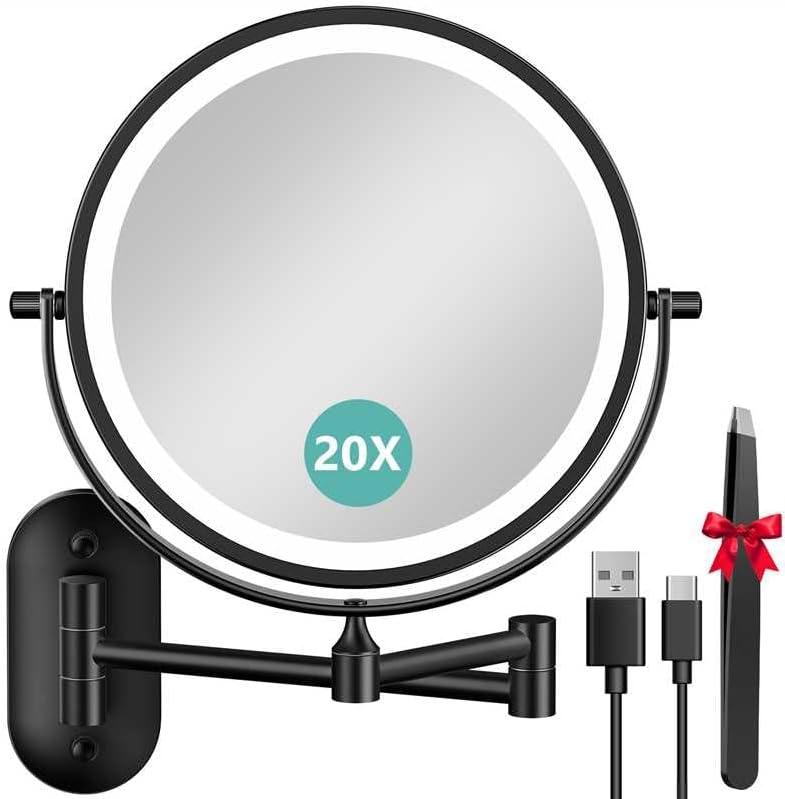 Auxmir 8'' Wall Mounted Lighted Makeup Mirror, 3200mAh Rechargeable Double-Sided 1X/20X Magnifying Mirror with Light, Touch Dimmable 3 Color Light, 360 Rotation Foldable Extended Arm, Black