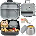 Bento Lunch Box with Thermo, 4-Compartment Bento Box with Adjustable Dividers, Leakproof Dinosaur Lunch Box with 14.2OZ Insulated Food Jar & Sauce Jar, for School Office Travel(Grey) (Gray)