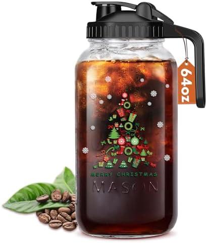 Christmas Gift for Mom,Mason Jar Pitcher, 64 oz Glass Milk Pitcher, Wide Mouth & Leakproof Glass Pitcher with Lid for milk, Sun Tea, Juice, Cold Brew Coffee and Drinks(Christmas tree）