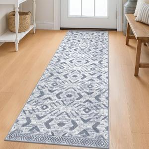 KILOCOCO Boho Kitchen Runner Rug 2x6 Washable Runner Rug, Soft Runners for Hallways Non Slip Printed Low-Pile Distressed Laundry Room Rugs for Entryway/Bedroom/Living Room, Grey White Blue