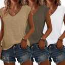 Bliwov 3 Pack Womens Cap Sleeve Tops V Neck T Shirts Summer Spring Outfits Beach Vacation Fashion Tee Blouse Workout Clothes (Medium, Khaki+grey Brown+white)