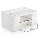 MotiMind White Bling Desk Organizer with 2 Drawer, Sparkly Makeup Organizer for Vanity, Girly Desk Accessories, Rhinestone Pen Holder, Elevate Your Workspace with White Serenity (Pearl)
