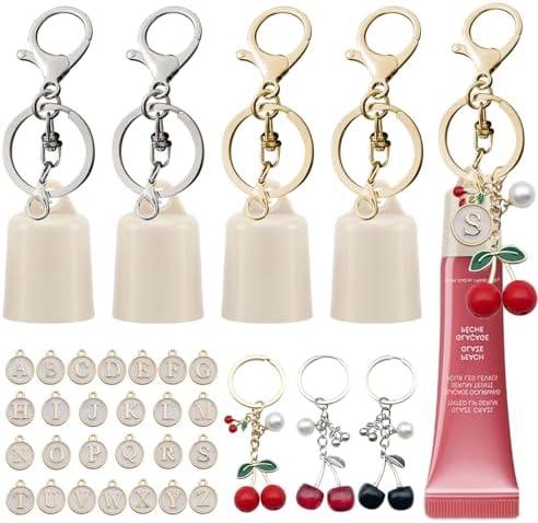 4 Pack Lip Gloss Holder Keychain with Cherry Charms Portable Lip Balm Keychain Initial Letter Keychain Cap Compatible with Summer Fridays 0.5 oz LANGIGE 0.35 oz Lip Balm
