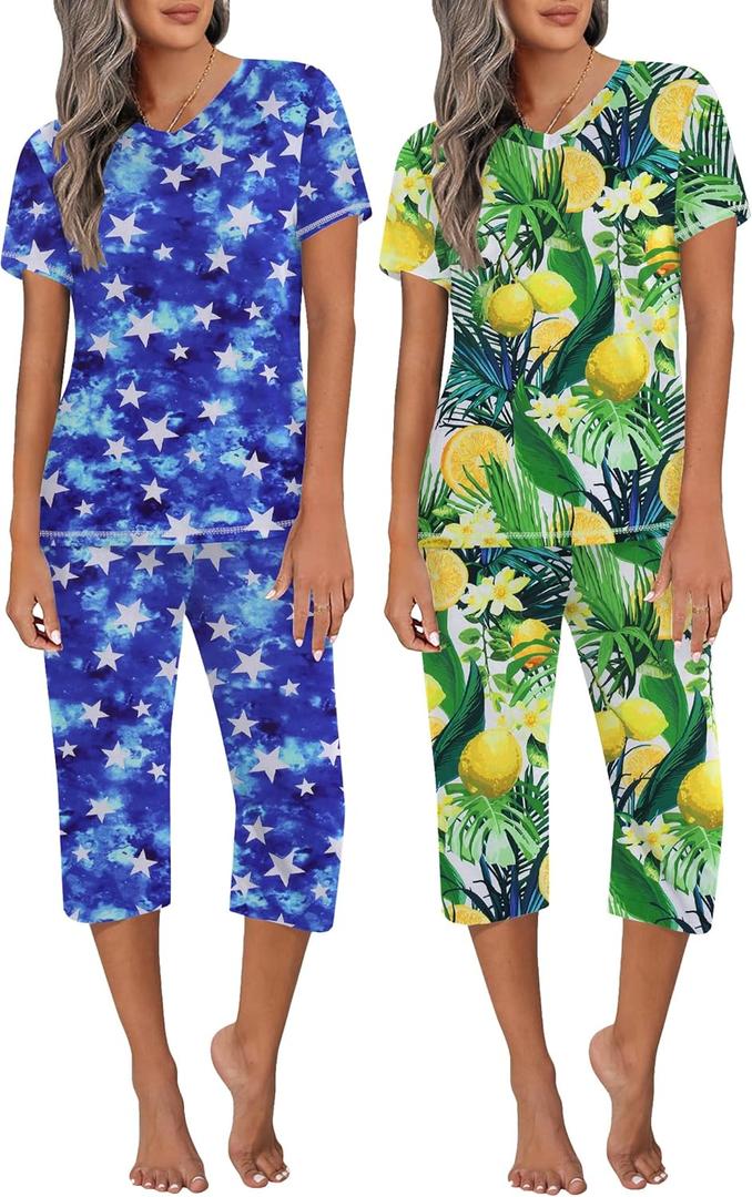 Ekouaer 2 Pack Women's Capri Pajama Sets Short Sleeve Two-Piece Pjs V Neck Tops & Pants Printed Lounge Sets (XX-Large, Gp6)