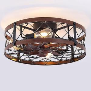 REDSTAR Flush Mount Caged Ceiling Fan with Lights, 20" Small Bladeless Ceiling Fans with Remote, Rustic Low Profile Ceiling Fans 6-Speeds Reversible Enclosed Ceiling Fan for Bedroom Kitchen Farmhouse