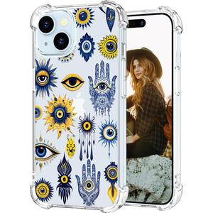 Hungo Compatible for iPhone 15 Plus Case for Women Clear Design Cute Geometry Religion,Girly Girls Hamsa Hand Evil Eyes Eye of Providence
