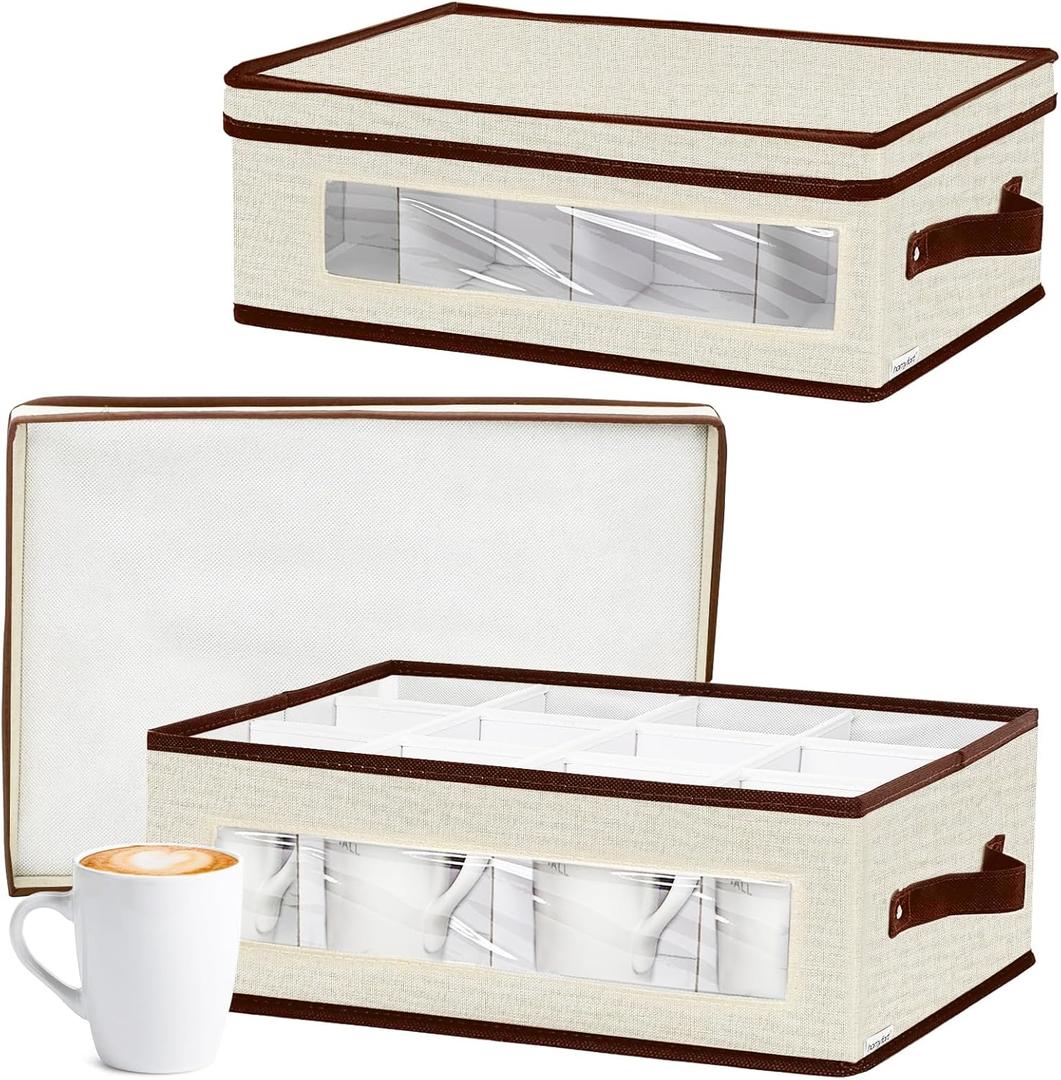 homyfort 2 Pack Mug Storage Box with Dividers, China Cup Storage Containers Organizer Hard Shell with Compartments for 24 Tea Cups and Coffee Mugs (Beige)