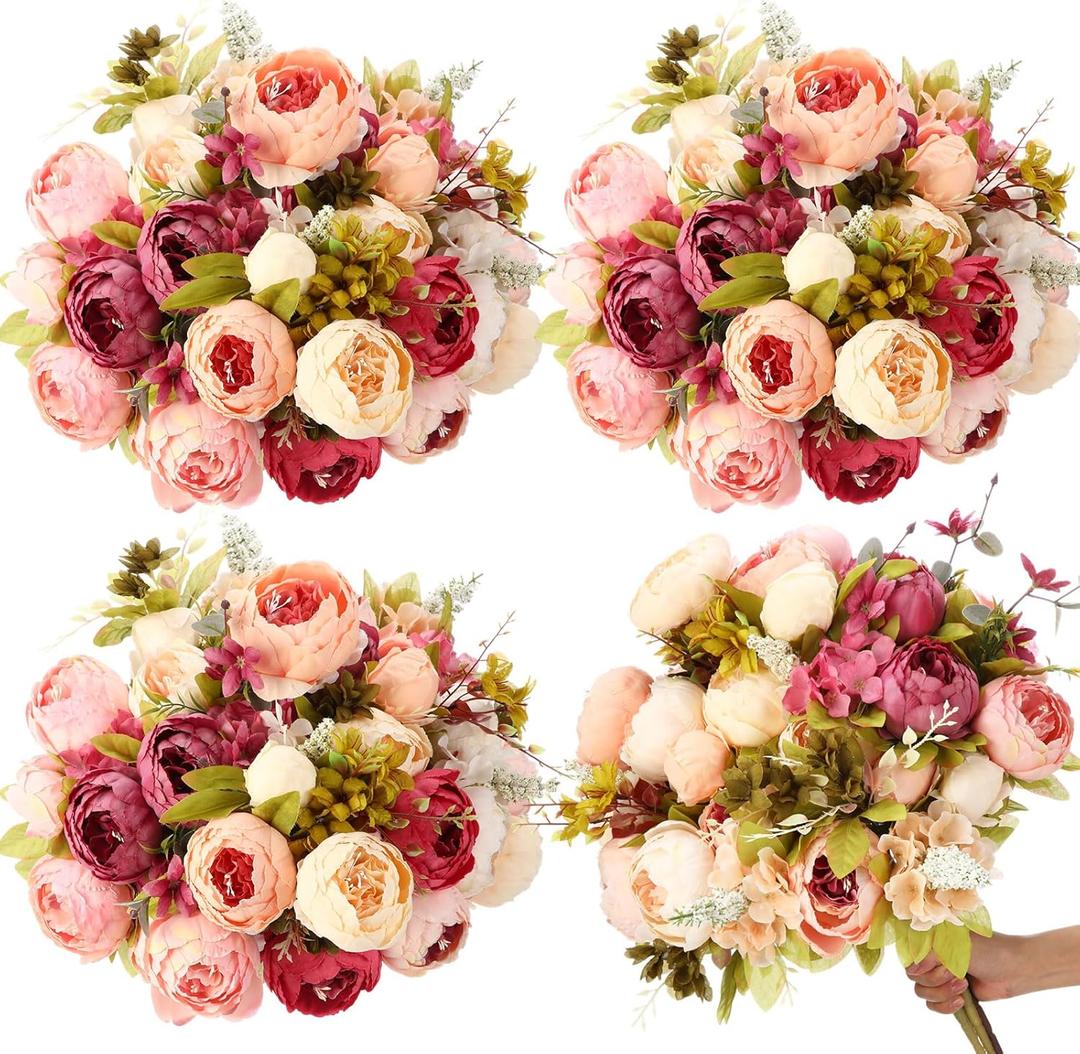 Geosar 4 Pcs Vintage Artificial Peonies 19.7 Inch Giant Silk Peony Flowers and Hydrangea Bouquet Floral Centerpiece Arrangement for Home Wedding Bridal Birthday Party(Mixed Pink)