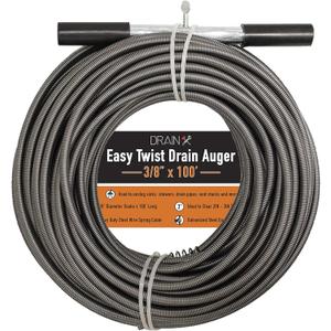 Drainx Easy Twist Drain Auger | Flexible Plumbing Cables for Cleaning Drainage Clogs Includes Storage Bag and Protective Gloves, 3/8" Diameter, 100 FT