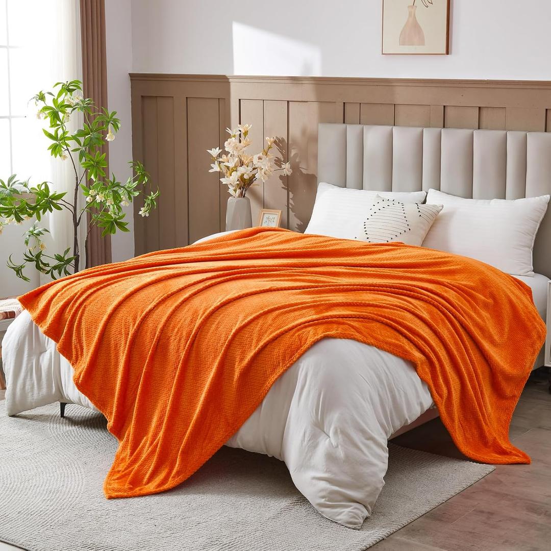 NEWCOSPLAY Super Soft Queen Blanket Orange Premium Silky Flannel Fleece Leaves Pattern Lightweight Bed Blanket All Season Use (Orange, Queen (90"x90")