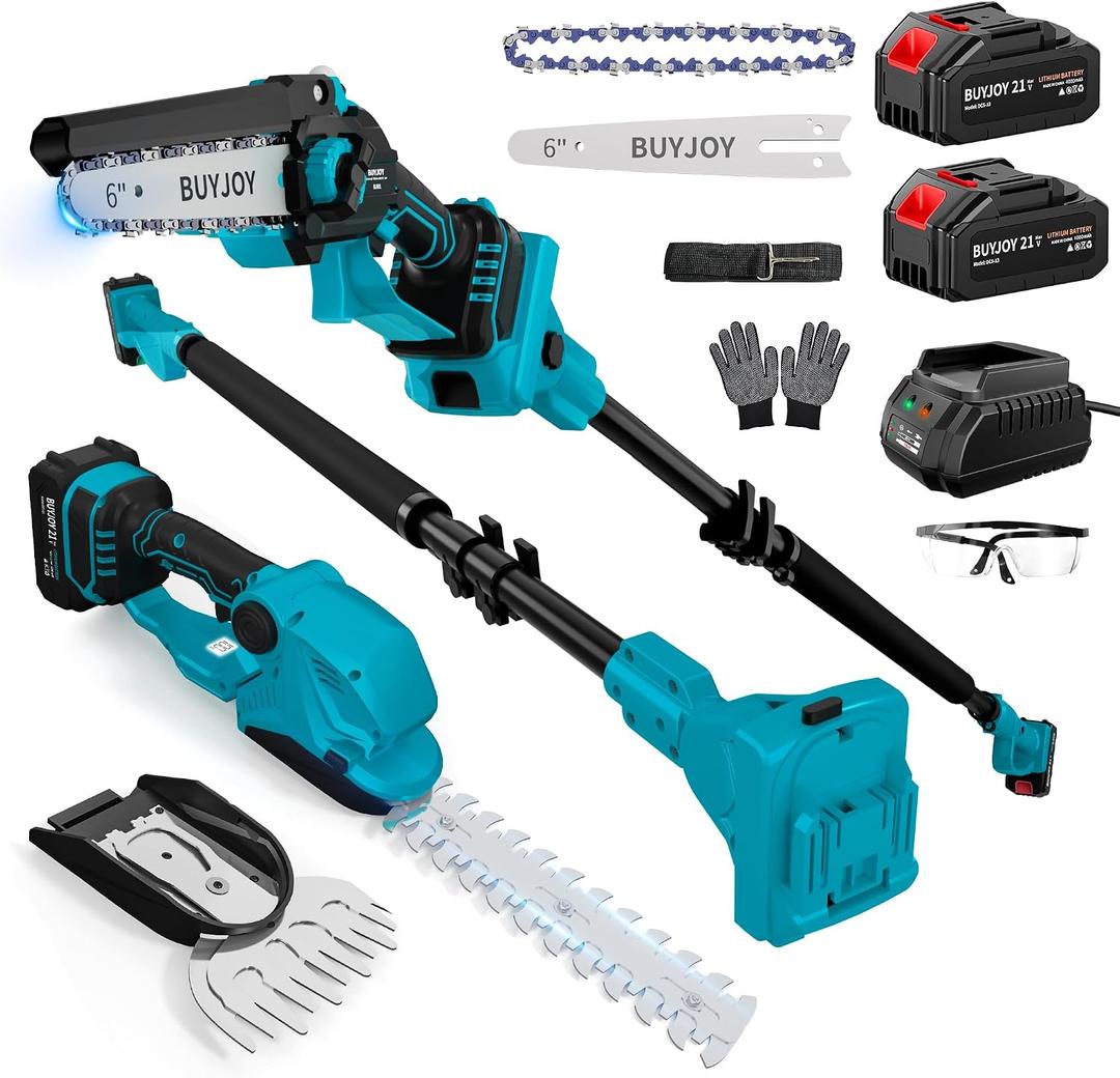 6-in-1 Pole Saw & Cordless Hedge Trimmer Combo Kit,Electric Grass Trimmer,Mini Chainsaw with 24.0 Ah Battery,Dual-Action Blade,Brushless Motor,8.5 ft Max Reach,for Tree Trimming/Garden/Lawn (Blue)